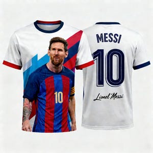 May include: White t-shirt featuring a photo of Lionel Messi. The front of the shirt has a graphic design with the number 10. The back of the shirt displays "MESSI" above the number 10 and "Lionel Messi" below.