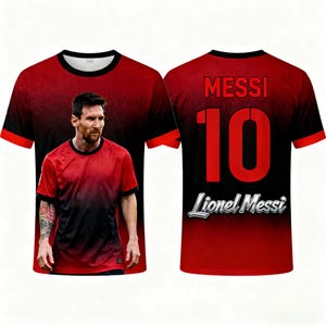 May include: Red and black t-shirt featuring a portrait of Lionel Messi on the front. The back of the shirt displays "MESSI" above the number "10" in red, with "Lionel Messi" in white script below. The shirt has a gradient design.
