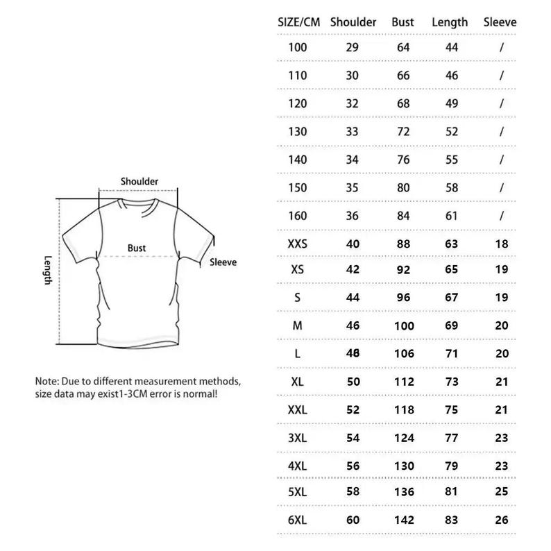 May include: A white chart with size measurements for a t-shirt, including shoulder, bust, length, and sleeve dimensions in centimeters. The chart includes sizes from 100 to 6XL, with a note about potential size variations.