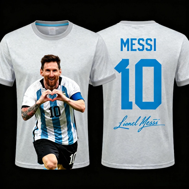 May include: A white t-shirt featuring a photo of Lionel Messi making a heart shape with his hands. The front of the shirt has the number 10. The back of the shirt has the name "MESSI" and the number 10 in blue, along with Lionel Messi's signature.