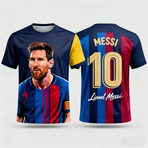 May include: A navy blue t-shirt featuring a portrait of Lionel Messi on the front. The back of the shirt displays "MESSI 10" in gold lettering, with "Lionel Messi" printed below. The shirt has blue, red, and yellow accents.