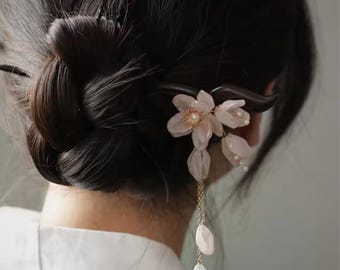 Magnolia Hair Stick with Tassel, Stylish Flower Hairpin, Glass Bead Wooden Hair Fork for Women, Gift for Her