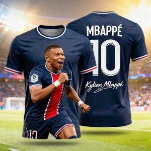 May include: Navy blue football shirt with red and white detailing. The front shows a player wearing the shirt, and the back has "MBAPPÉ" above the number "10" and "Kylian Mbappé" in white.