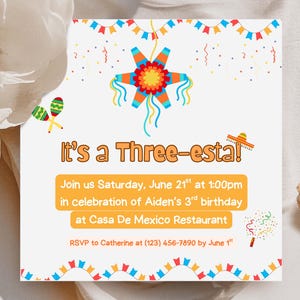 Three-esta 3rd Birthday Party Invitation | Editable Canva Template | Customizable Fiesta Birthday Invitation for Boys or Girls