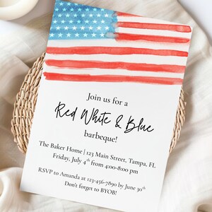 4th of July Invitation, Red White & Blue BBQ Invite, Canva Template, American Flag Party Invite