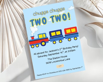 Train 2nd Birthday Invitation | Chugga Chugga Two Two, Canva Template (Digital Download)