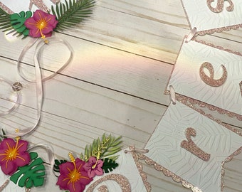 Tropical Happy Birthday Banner: Pink Glitter Luau Party Decor