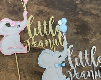 Taarttopper met kleine pinda-olifant: goud glitter babyshower
