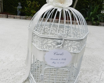 White Birdcage Cardholder in an Elegant White Finish with Hand Made Flower. Birdcage card holder