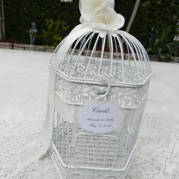White Birdcage Cardholder in an Elegant White Finish with Hand Made Flower. Birdcage card holder
