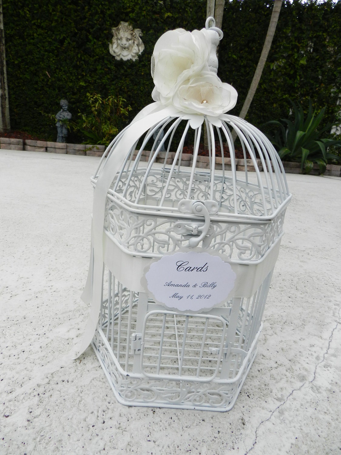 White Birdcage Card Holder: Handmade Flower