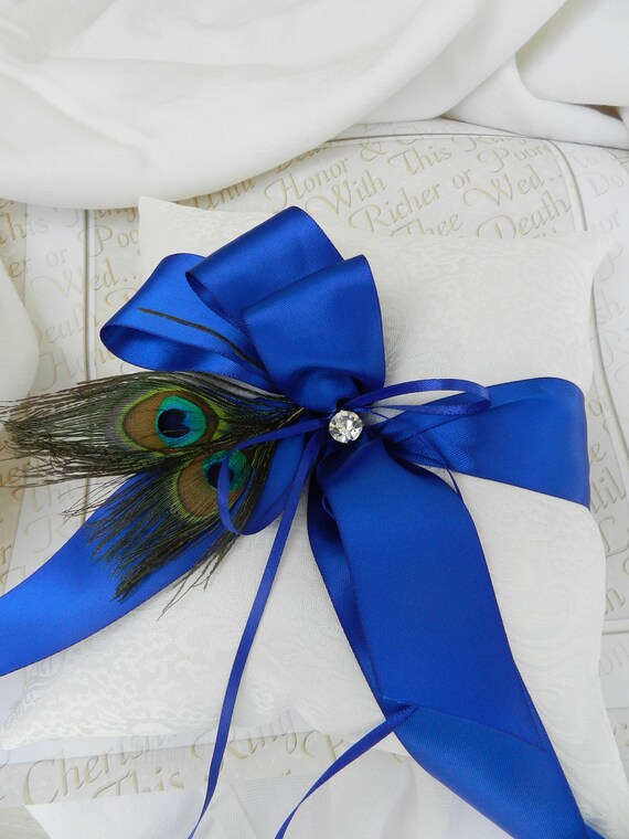Royal Blue Ring Bearer Pillow In White And Peacock Feathers Etsy
