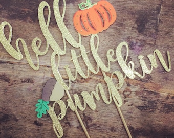 Adorno para tarta de Hello Little Pumpkin: decoración con purpurina para baby shower