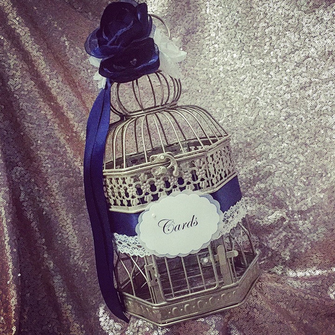 Champagne Gold Birdcage Wedding Card Holder: Navy Blue Ribbon ...