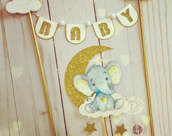 Glittertaarttopper babyolifant: maan en sterren babyshower