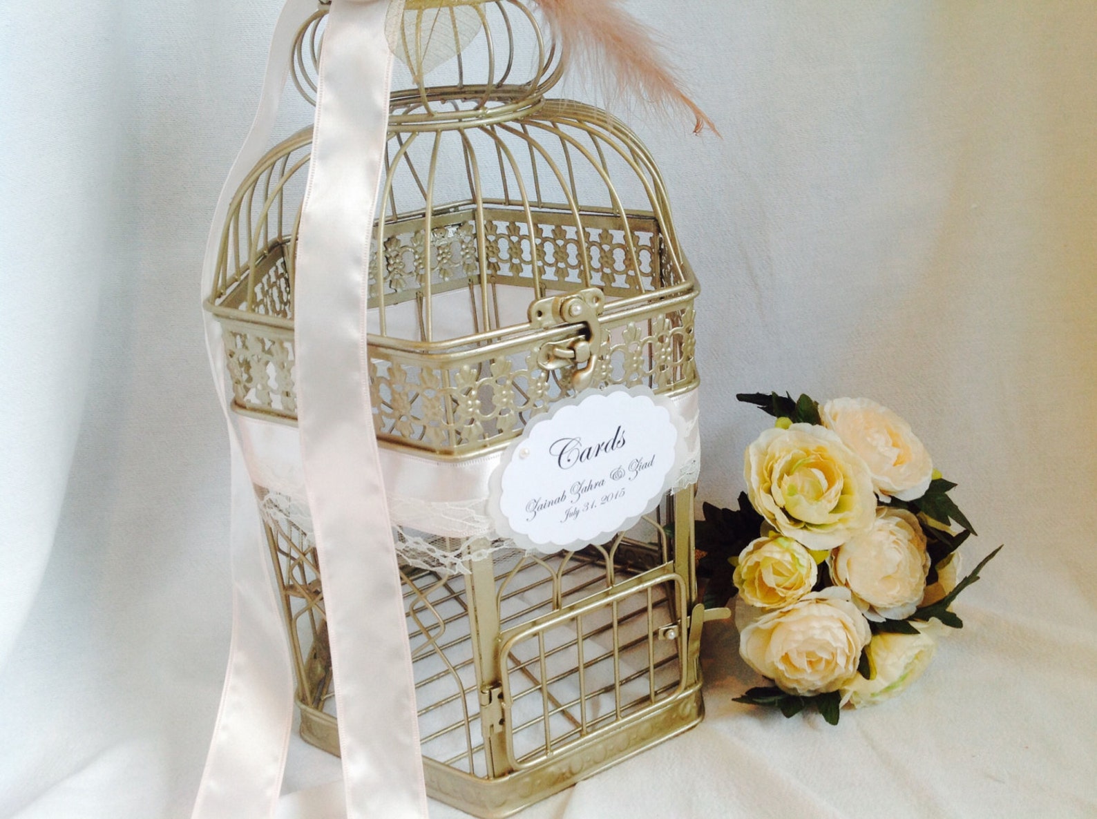 Champagne Gold Birdcage Wedding Card Holder: Blush Pink Lace & Crystals ...