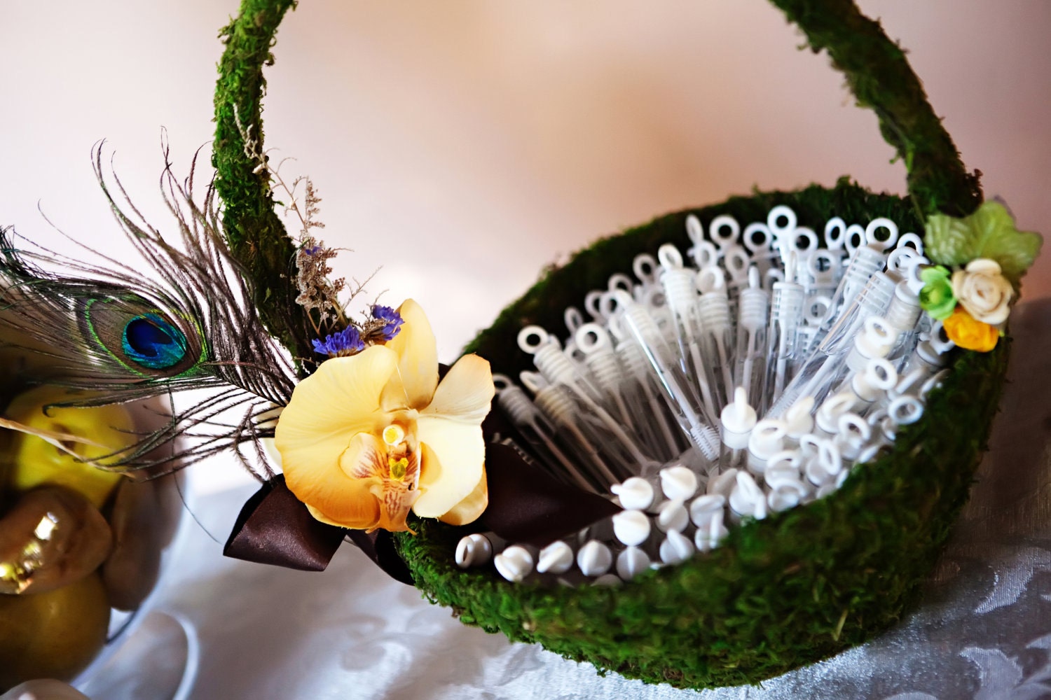 Flower girl basket Bubbles holder. Moss covered basket Etsy