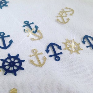 Goldglitzernde und blaue Nautische Anker und Schiffsrad Konfetti - 100 Stück.
