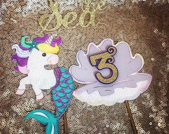 Mermaid Unicorn Glitter Cake Topper: Fantasy Birthday Decor