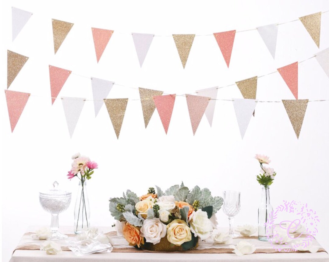 Glitter Pennant Banner: Gold, Pink & White Double Sided Party Decor - Etsy