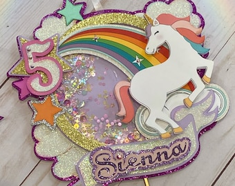 Unicorn and rainbows personalized shaker cake topper