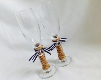 An Original Design by ChiKaPea -  Nautical Wedding Toasting Glasses, Beach Wedding