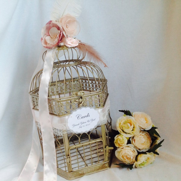 Champagne Gold Birdcage Wedding Card Holder. Gold, blush pink birdcage.Large Champagne Gold Wedding Birdcage Card Holder, Wedding Card Box.