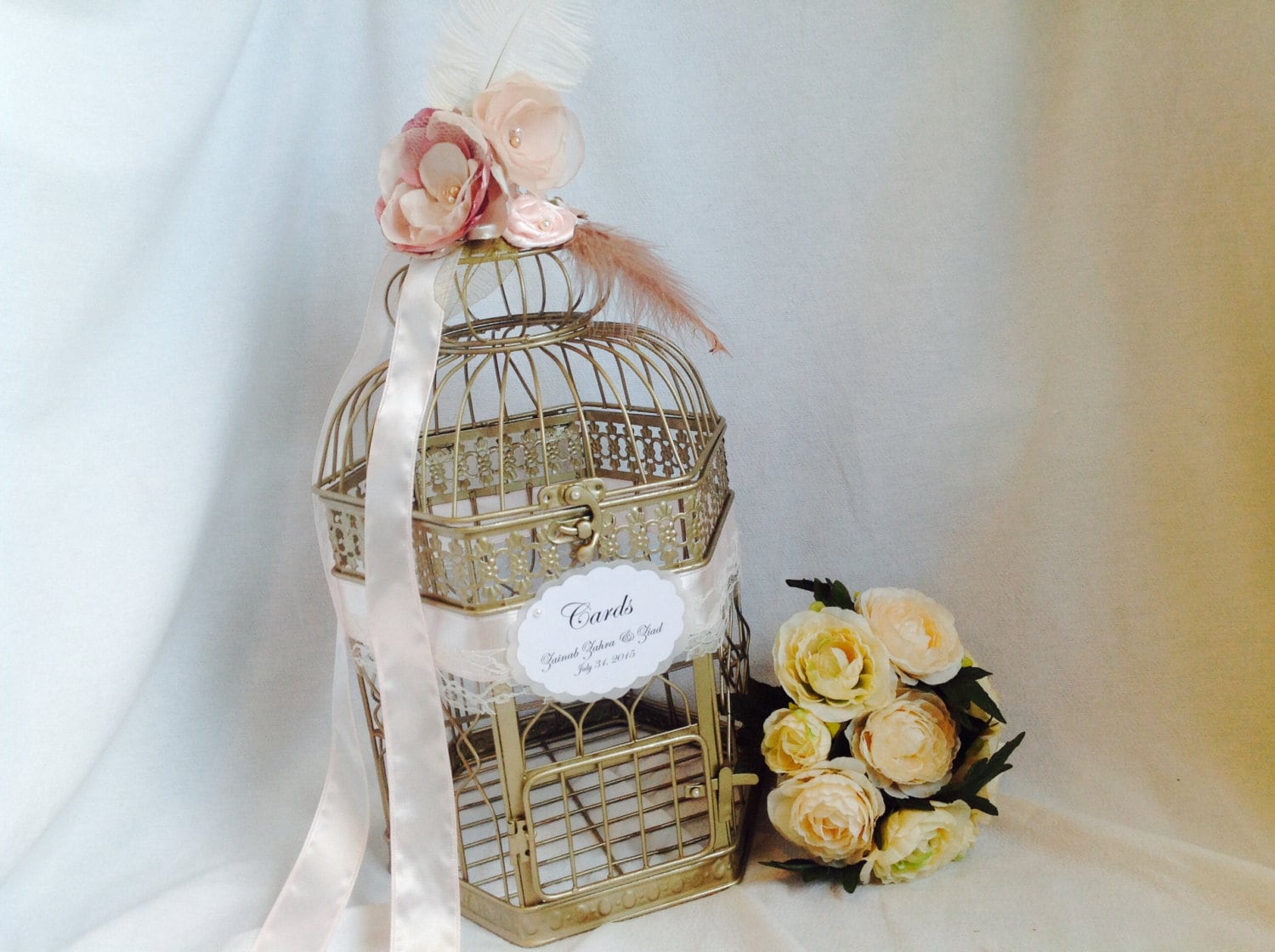 Champagne Gold Birdcage Wedding Card Holder: Blush Pink