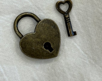 Mini Heart shaped padlock with ONE key per lock - Antique brass finish mini padlock.