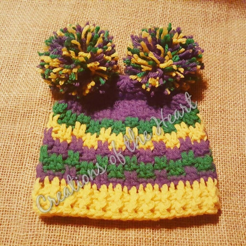 Mardi Gras Pom Pom Hat Mardi Gras Celebration Hat Crochet Mardi Gras Hat Crochet Beanie Crochet Pom Pom Hat