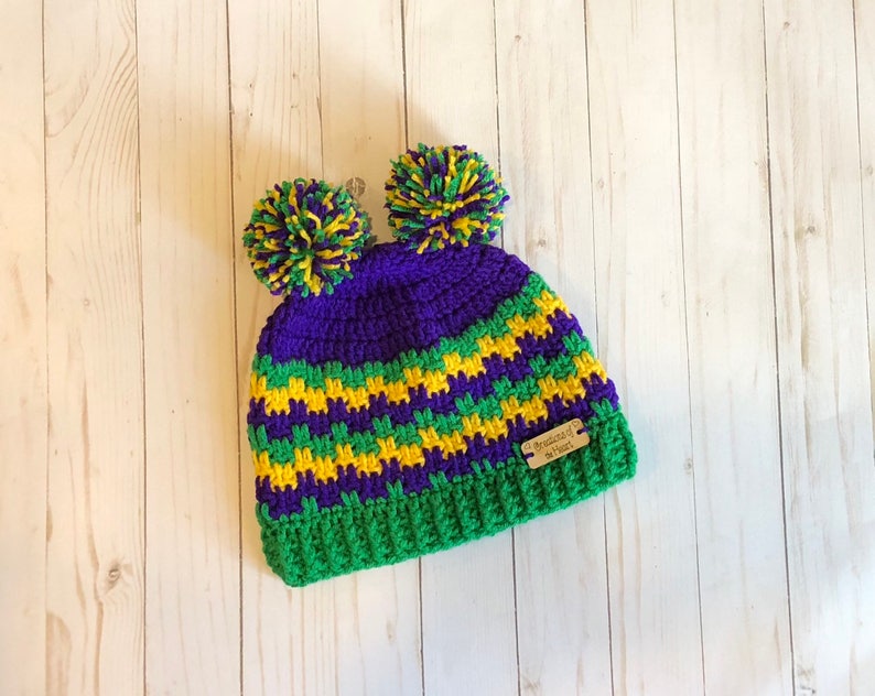 Mardi Gras Pom Pom Hat Mardi Gras Celebration Hat Crochet Mardi Gras Hat Crochet Beanie Crochet Pom Pom Hat