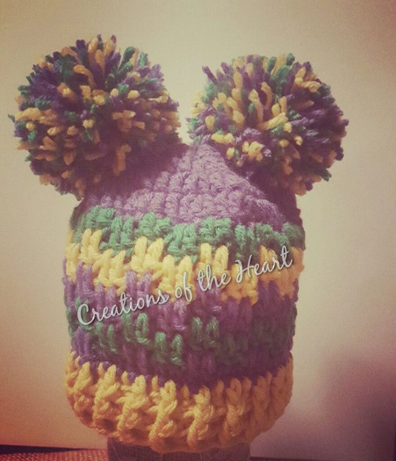 Mardi Gras Pom Pom Hat Mardi Gras Celebration Hat Crochet Mardi Gras Hat Crochet Beanie Crochet Pom Pom Hat