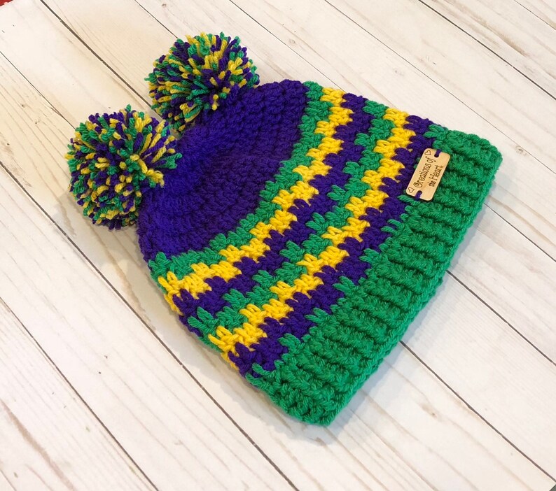 Mardi Gras Pom Pom Hat Mardi Gras Celebration Hat Crochet Mardi Gras Hat Crochet Beanie Crochet Pom Pom Hat