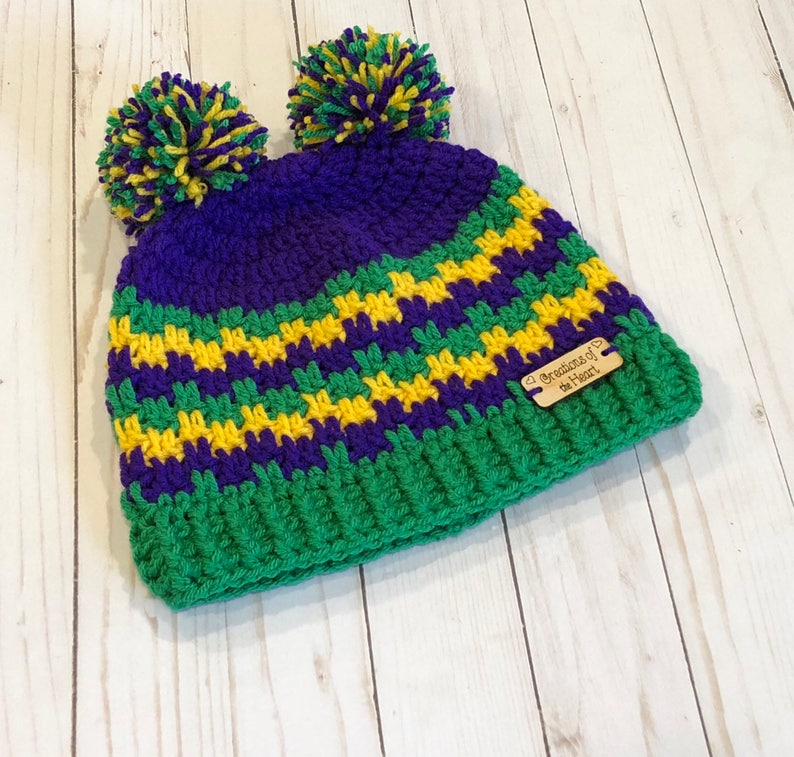 Mardi Gras Pom Pom Hat Mardi Gras Celebration Hat Crochet Mardi Gras Hat Crochet Beanie Crochet Pom Pom Hat