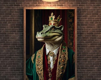 Royal Crocodile Wall Art - Baroque Animal Portrait - Renaissance Style Printable Decor - Instant Download PNG