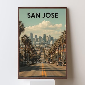 Muurkunst San Jose, Californië – vintage retro-reisposter – afdrukbaar Silicon Valley – digitaal stadskunstwerk
