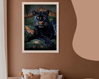 Black Panther Portrait Art Print: Royal Green Couch, Dark Glam Decor (Digital Download)