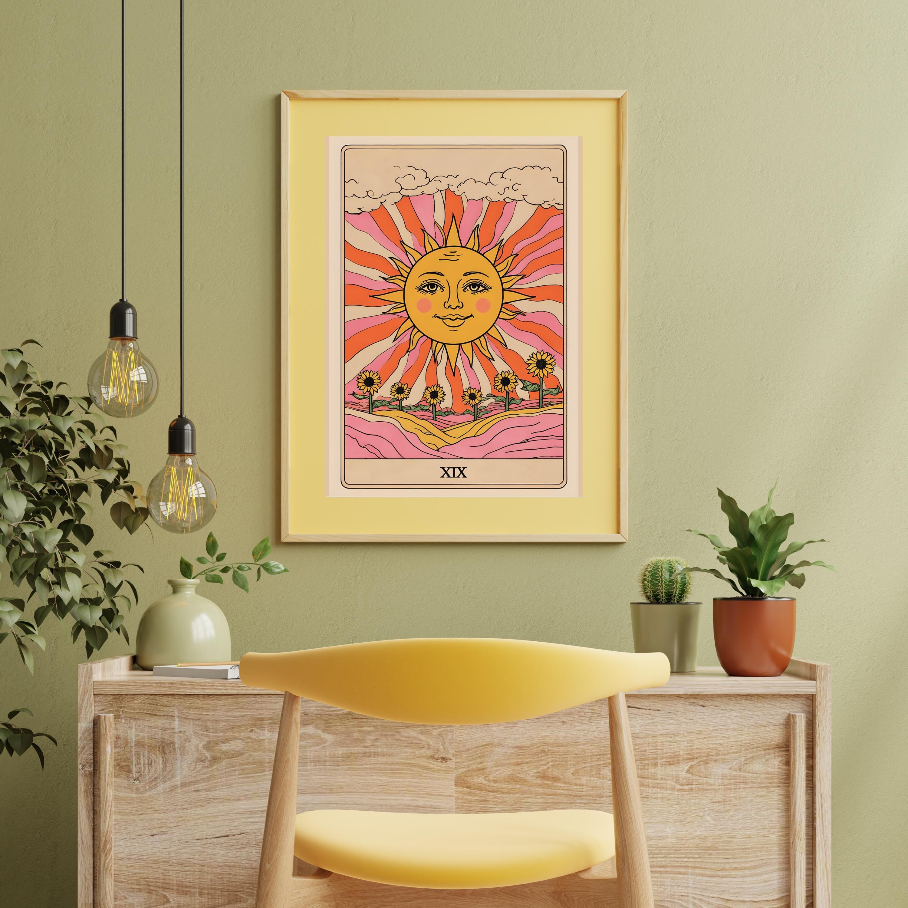 太陽のタロットカードプリント：レトロなひまわりのウォールアート