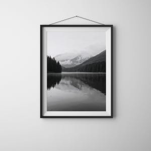 Black and White Lake Reflection Print – Calm Nature Photography – Monochrome Forest Wall Art – Digital Download Poster