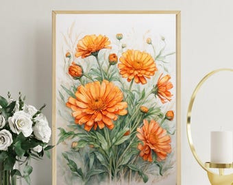 Calendula Flower Wall Art - Watercolor Botanical Print - Orange Floral Decor - Digital Download PNG