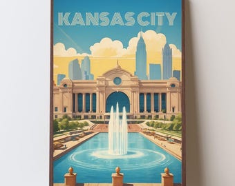 Póster de viaje retro de Kansas City: arte vintage del horizonte de Misuri (descarga digital)