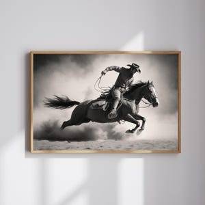 Cowboy on Horse Print: Black and White Western Wall Art (Digital Download