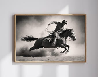 Cowboy on Horse Print: Black and White Western Wall Art (Digital Download