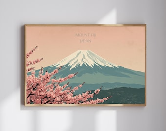May include: Framed art print depicting Mount Fuji in Japan, with a snow-covered peak and a blue-green mountain range. Pink cherry blossoms are in the foreground. The text "MOUNT FUJI JAPAN" is at the top.