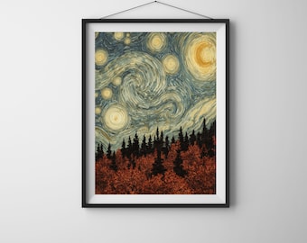 Van Gogh Starry Night Forest: Autumn Oil Painting Art Print (Digital Download)