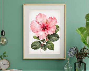 Hibiscus Flower Wall Art - Watercolor Botanical Print - Tropical Floral Decor - Digital Download PNG