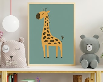 May include: A framed art print featuring a cartoon giraffe with an orange body, brown spots, and a teal background. The giraffe has a long neck and is standing upright. The frame is a light wood color. The print is on a shelf with toys.