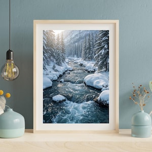 Snowy River Wall Art – Peaceful Winter Landscape – Realistic Mountain Scene – Digital Download