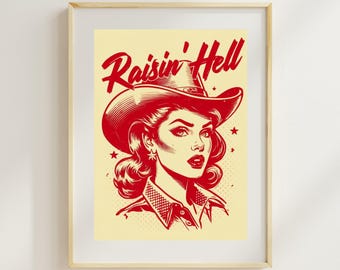 Stampa artistica di una cowgirl retrò – Raisin' Hell Pinup (download digitale)