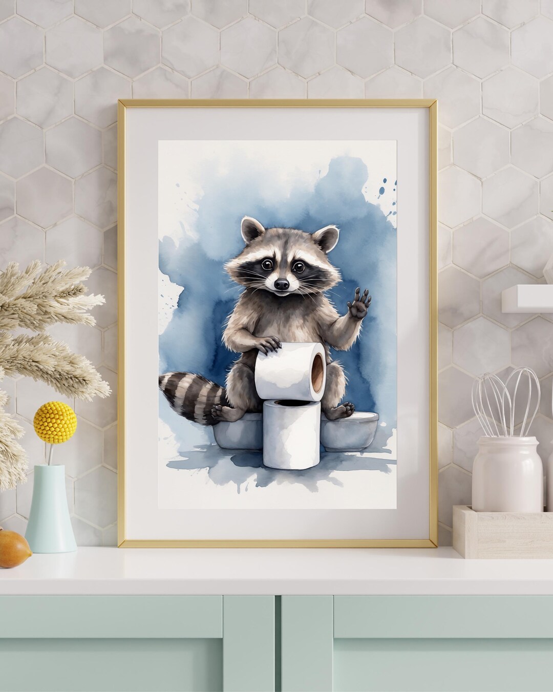 Funny Raccoon Bathroom Wall Art - Watercolor Animal Print - Digital ...